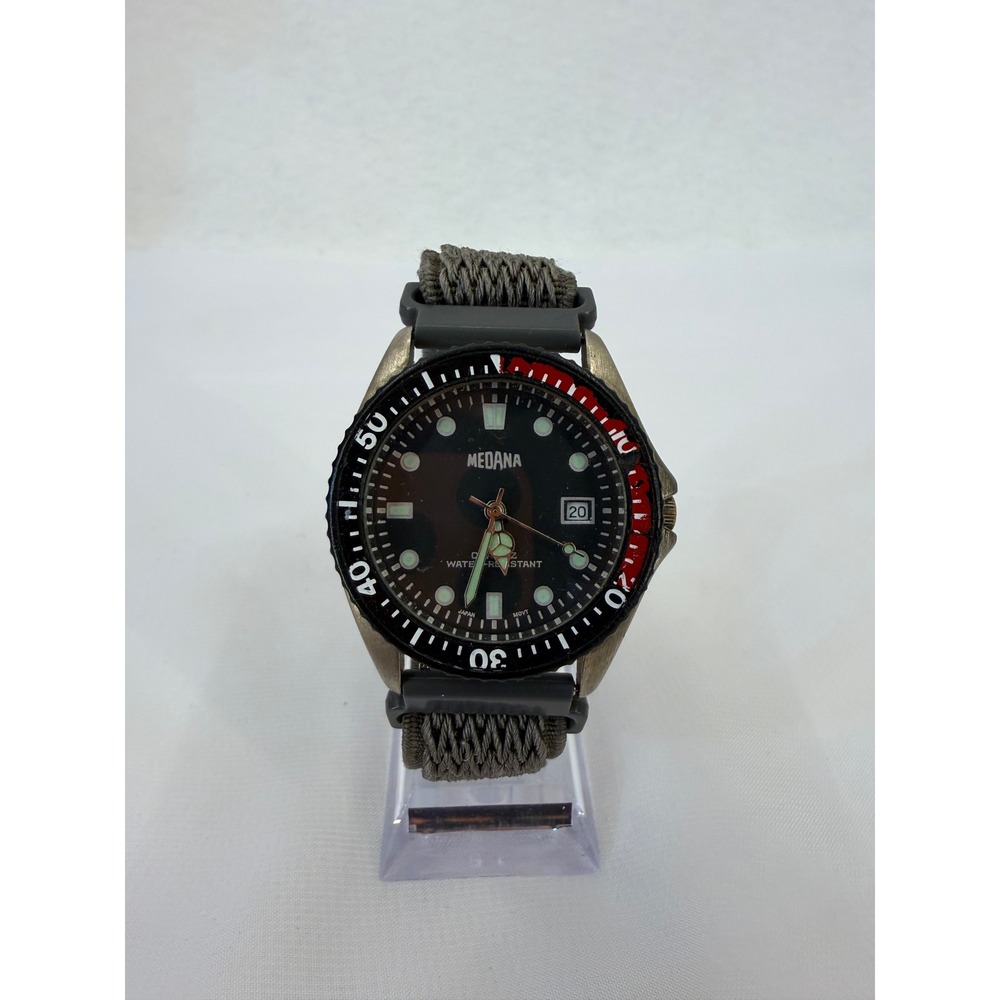 Medana Mens Diver Style Watch Black Dial Red Bezel Quartz Grey Braided Strap